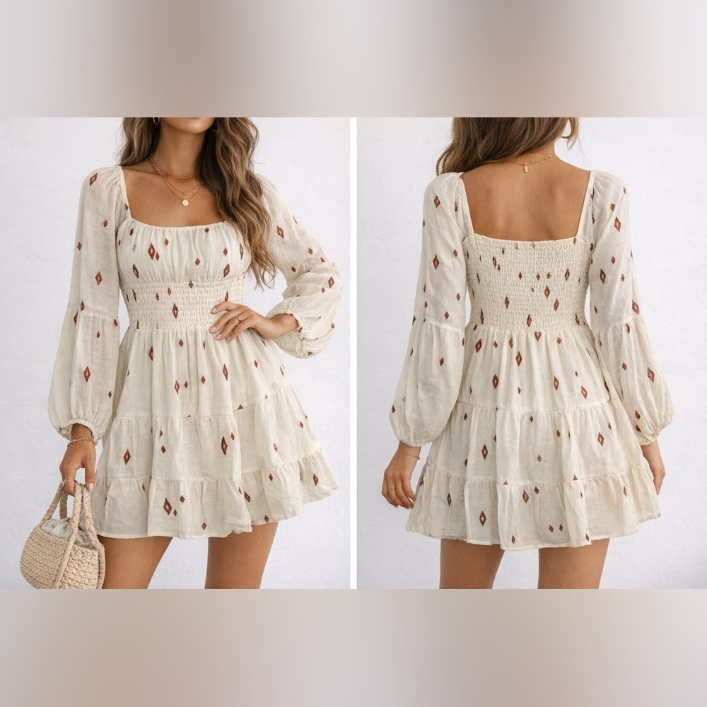 Liberty Love Cream & Brown Long
Sleeve Smocked Mini Dress - NWT -
Size L